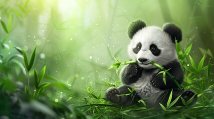 A cute panda with bamboo leaves in bamboo forest