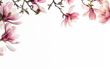 Photo of Magnolia branch with pink flowers on white background, free space for text
