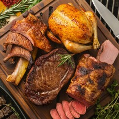 Wall Mural - Various types of grilled meat: pork, beef, turkey and chicken on wooden plate.