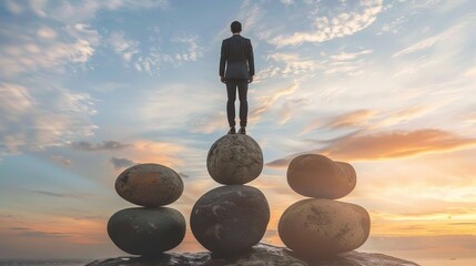 Image: A businessman in a suit holding a globe, standing on a beach with grass and a blue sky, symbolizing success, freedom, and nature in business