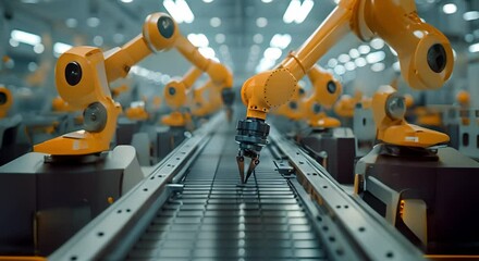 Wall Mural - Utilizing Automated Robotic Arms in Modern Factories for Enhanced Production Efficiency. Concept Smart Manufacturing, Robotics in Production, Factory Automation, Enhanced Productivity