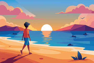 Wall Mural - Silhouette of person walking on the beach at sunset