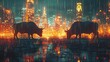 © LuvTK - Create a powerful visual with silhouettes of a bull and a bear, set against a backdrop of rising and falling stock market charts, symbolizing the fluctuations of the market.