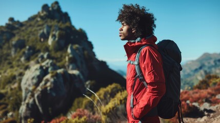 Wall Mural - Hiker Contemplating Mountain Scenery