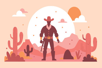 Sticker - A cowboy silhouetted by a desert sunset stands among cacti