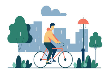 Wall Mural - A cyclist rides on a path in a city park with skyscrapers in the distance