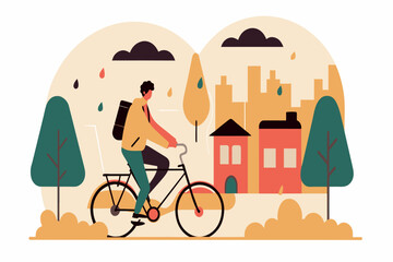 Wall Mural - A cyclist rides past trees with a city silhouette behind