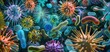 Microscopic highly detailed images showing various bacteria and viruses generative ai