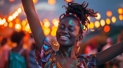 a young woman is dancing at a party. she is smiling and has her arms in the air. she is wearing a co