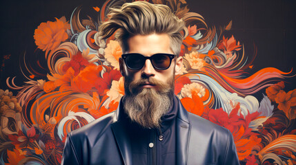 Wall Mural - Barber shop theme: A bearded hipster portrait on creative backdrop.