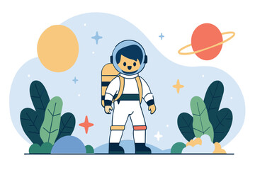 Wall Mural - a cartoon astronaut explores a whimsical extraterrestrial landscape