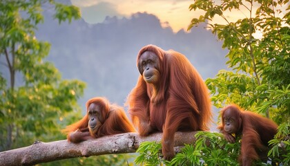 ai generative of two baby orangutans with their mother perched on a tree trunk