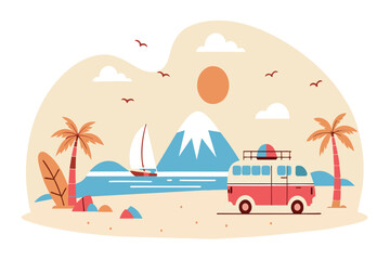 Sticker - Red van near water with sailboats, palms, and mountain backdrop at sunset