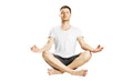 © Who is Danny - A man in a white t-shirt and black shorts meditating, isolated on a white background, illustrating peace and mindfulness