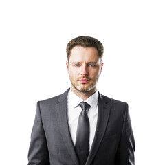 Poster - A professional businessman in a gray suit poses against a white background, conveying a corporate concept