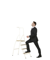 Canvas Print - A man in a suit stepping on a white ladder, photographed in a realistic style against a white background, concept of career growth