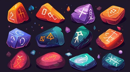 Canvas Print - Modern cartoon set of colored stones with shiny magic signs, scandinavian runic characters on a dark background.