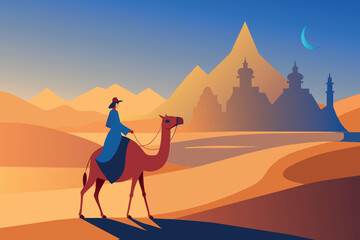 Sticker - Camel rider against a backdrop of desert dunes and a silhouetted city at dusk