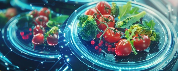 Futuristic Food. High-tech agriculture. Growing organic vegetables and fruits with innovative technologies. R&D of new food sources.