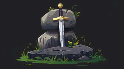 Wall Mural - A sword stuck in stone, the excalibur weapon in the hands of Arthur King, medieval steel blade with gem stone on handle, legend or myth of Camelot, cartoon modern illustration.