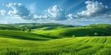 Fototapeta  - Tranquil beauty of springtime nature in peaceful countryside landscape. Green grass, blue sky, white clouds, rolling hills