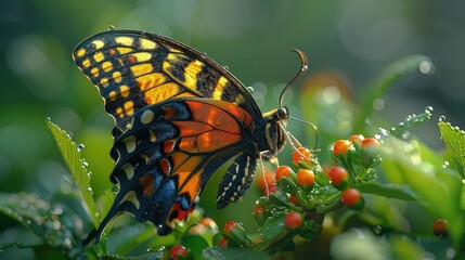 A butterfly emerging from its chrysalis, transformation in the underbrush. Photorealistic. HD.