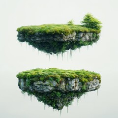 Poster - Floating rock islands adorned with moss and miniature fir trees creates a serene natural scene.