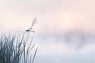 A serene still of a dragonfly perched on a reed by a foggy lake at dawn, rule of thirds, soft pastel colors, high detail, surrealistic style