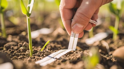 Poster - Close up of soil pH testing in field, test strips in farmer's hand, critical soil health assessment