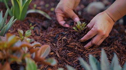 Sticker - Organic mulch being spread around plants, close up, hands and mulch, moisture retention technique 