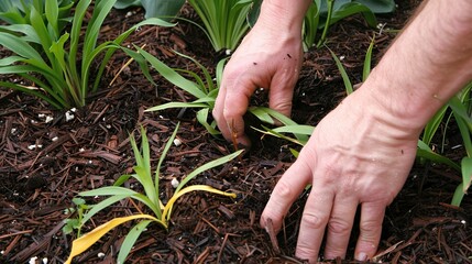 Sticker - Organic mulch being spread around plants, close up, hands and mulch, moisture retention technique 