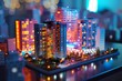 A cityscape with buildings lit up in neon colors