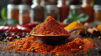 Heap of smoky paprika, deep red, on a silver spoon. Photorealistic. HD.