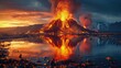 Reflection of a volcanic eruption in the still waters of a nearby lake. Photorealistic. HD.