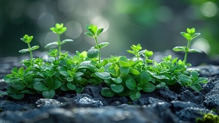 Wall Mural - Thyme, tiny green leaves, scattered on a stone surface. Photorealistic. HD.