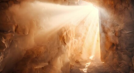 Wall Mural - Light rays burst from empty tomb symbolizing Easter resurrection in Christianity. Concept Religious Symbols, Easter Resurrection, Christian Faith, Spiritual Art, Biblical Imagery