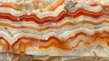 Poster -   A tight shot of a sizable, stratified rock formation, displaying multiple layers of red, white, and orange rocks in the backdrop