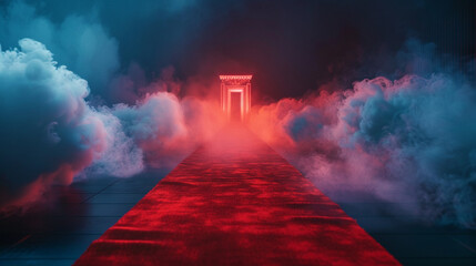 An iconic red carpet entry, its vibrant hue enhanced by the contrasting smoke around it and a background that gently blurs, focusing all attention on the entrance