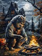 The werewolf, with its claws at the ready, expertly grilled steaks over an open flame on Halloween night, Blender ,
