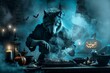 With each howl echoing through the night, the werewolf tended to the grill, infusing the air with the tantalizing scent of cooking meat on Halloween, soft lighting ,