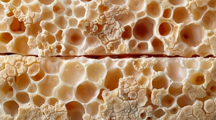 Wall Mural -   A detailed view of a porous food item, resembling edible Swiss cheese