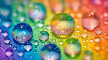 Wall Mural -   A tight shot of water droplets on a colorful surface, featuring a rainbow backdrop with multiple hues