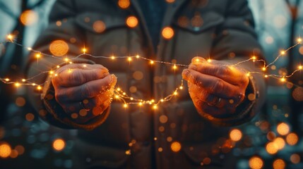 Wall Mural -   A person holds a string of lights, their hands sharply focused against a blurred backdrop of twinkling lights