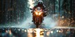 A motorcycle racer rides on an asphalt road during the rain