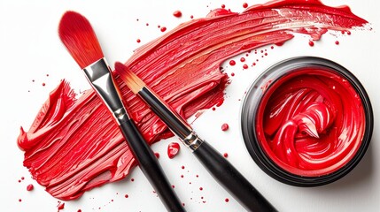   A tight shot of two paintbrushes and a red bowl with dripping water on a pristine white background