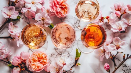 Poster -   Three glasses of wine atop a marble table, adjacent pink flowers, and a blooming tree branch