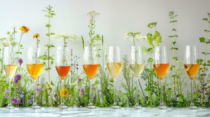 Poster -   A row of wine glasses, each holding various types of wine, sits atop a wildflower field