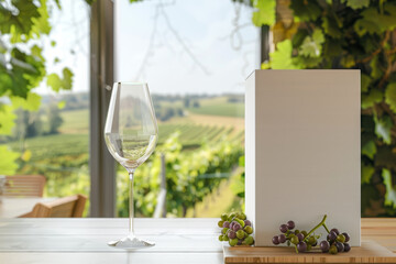 Wine glass with vineyard view, showcasing grapes and packaging.