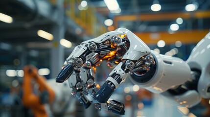 Aufkleber - A robotic hand grasping an item within a manufacturing facility. Automated technology at work in an industrial setting.