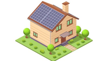 Aufkleber - This is an isometric illustration of a house with solar panels on its roof, with a white background